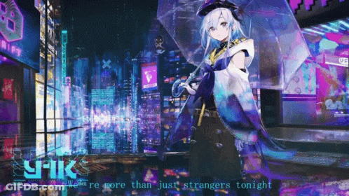 A Picture Of A Girl With An Umbrella And The Words " We 'Re More Than Just Strangers Tonight " At The Bottom GIF