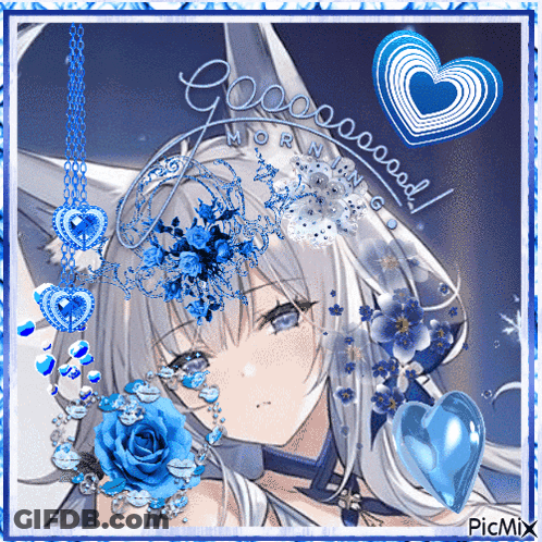 A Picture Of A Girl With Blue Flowers And The Words Good Morning Written On It GIF