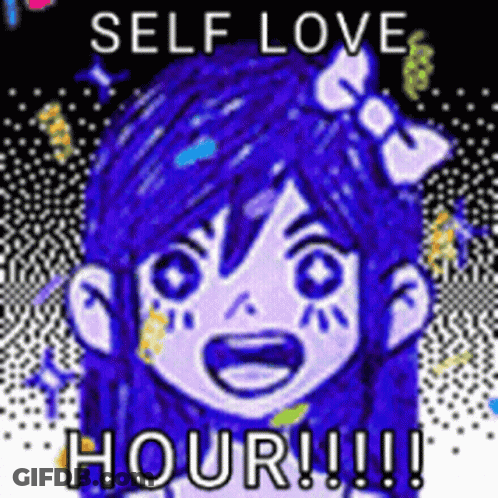 A Picture Of A Girl With Blue Hair And A Bow On Her Head With The Words `` Self Love Hour !!! '' GIF