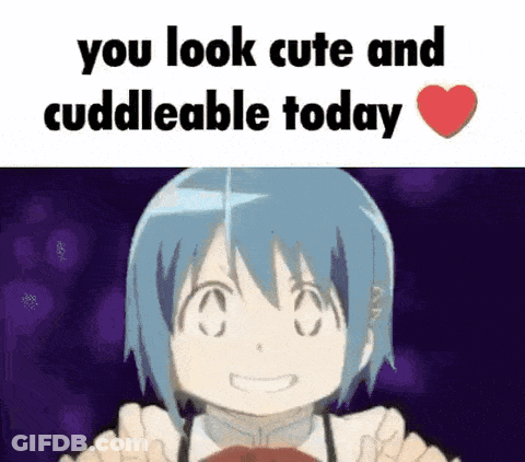 A Picture Of A Girl With Blue Hair And A Heart That Says `` You Look Cute And Cuddly Today '' . GIF