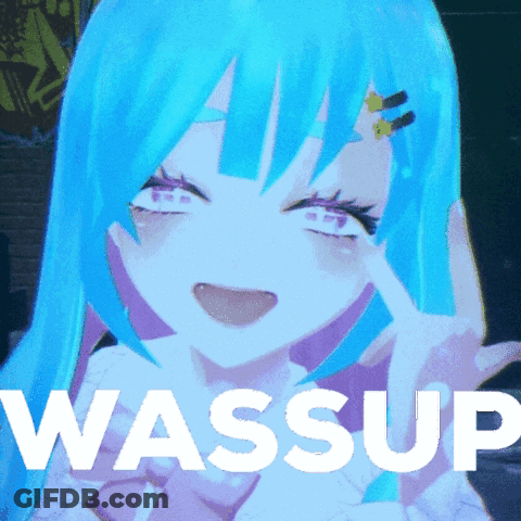 A Picture Of A Girl With Blue Hair And The Word Wassup On The Bottom GIF