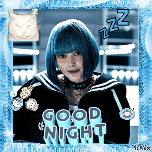A Picture Of A Girl With Blue Hair And The Words Good Night On It GIF