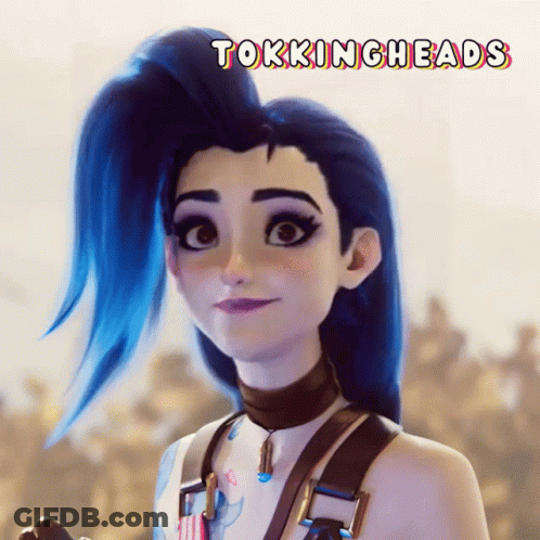 A Picture Of A Girl With Blue Hair And The Words Tokningheads Above Her GIF