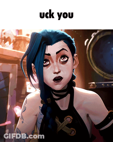A Picture Of A Girl With Blue Hair And The Words Uck You On The Bottom GIF