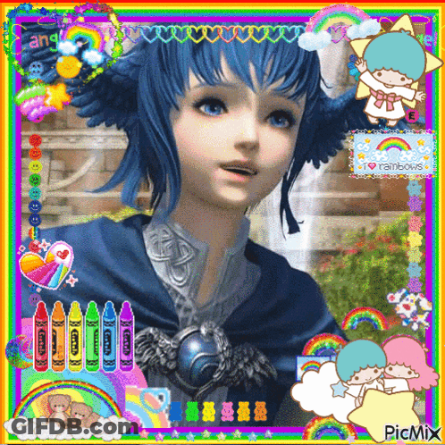 A Picture Of A Girl With Blue Hair Is Surrounded By Rainbows And Crayons And Says Picmix GIF