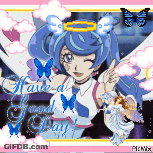 A Picture Of A Girl With Butterfly Wings And The Words Have A Good Day GIF