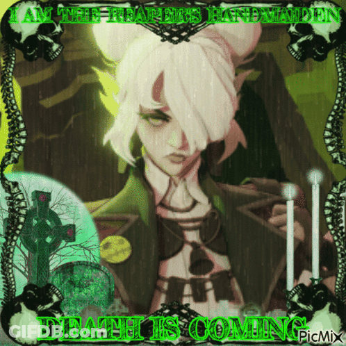 A Picture Of A Girl With Candles And The Words Death Is Coming On The Bottom GIF