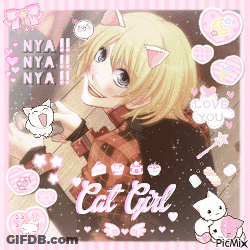 A Picture Of A Girl With Cat Ears Is Surrounded By Pink Hearts And Says Cat Girl GIF