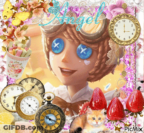 A Picture Of A Girl With Clocks And Flowers And The Word Angel GIF