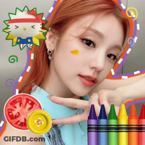 A Picture Of A Girl With Crayons And A Hello Kitty Sticker On Her Face GIF