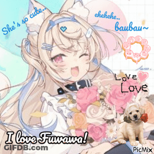 A Picture Of A Girl With Flowers And A Puppy That Says I Love Furawa GIF