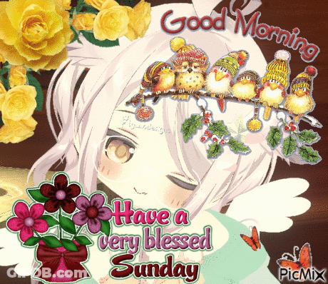 A Picture Of A Girl With Flowers And Birds On Her Head With The Words Good Morning Have A Very Blessed Sunday GIF