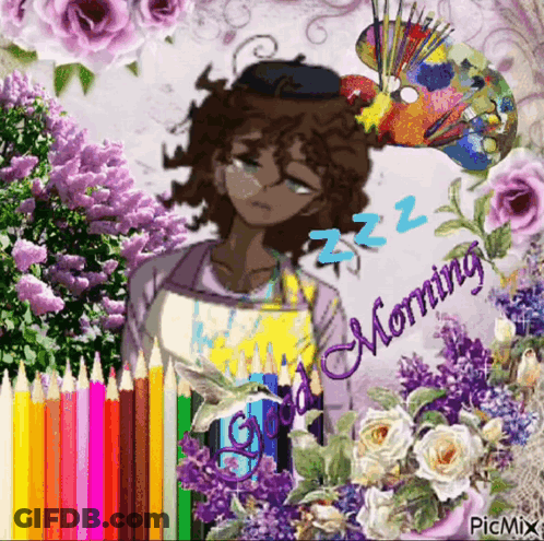 A Picture Of A Girl With Flowers And Pencils And The Words Good Morning GIF