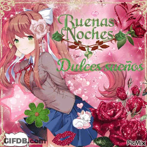A Picture Of A Girl With Flowers And The Words Buenas Noches Dulces Suenos GIF