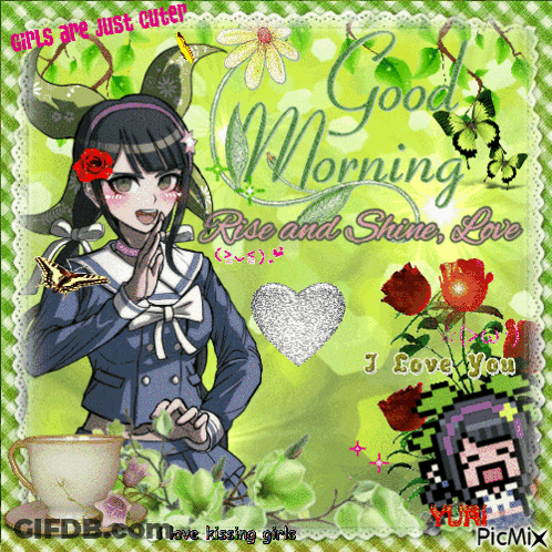 A Picture Of A Girl With Flowers And The Words Good Morning Rose And Shine Love On It GIF