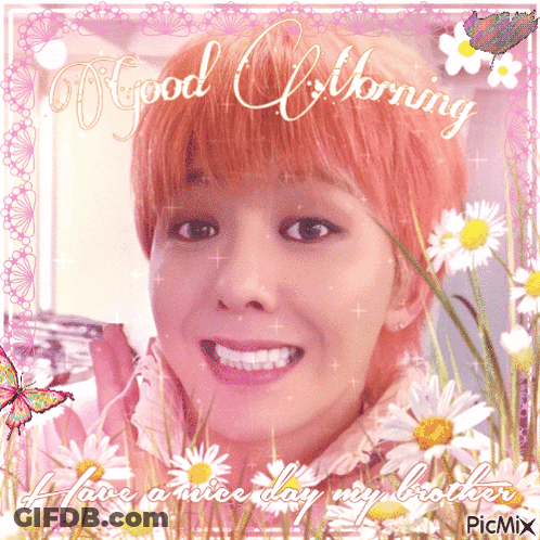 A Picture Of A Girl With Flowers And The Words Good Morning GIF