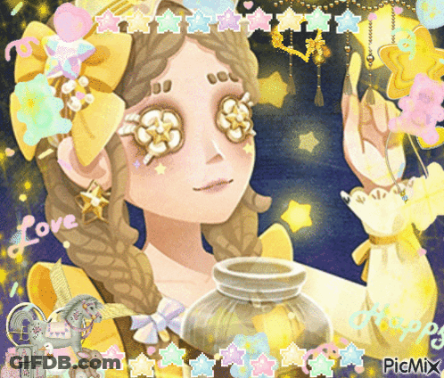 A Picture Of A Girl With Flowers In Her Eyes And The Word Love On The Bottom Right GIF