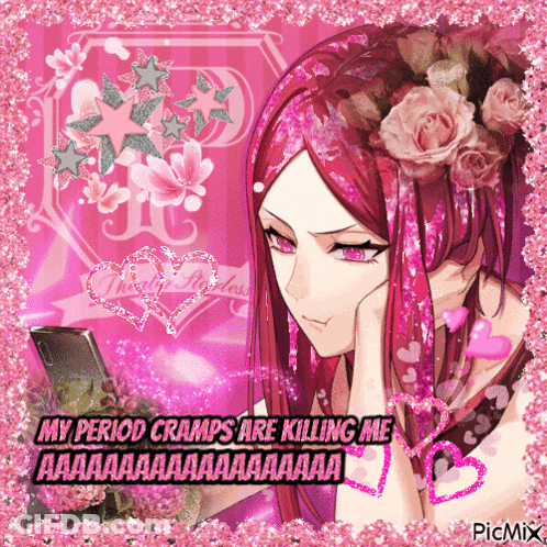 A Picture Of A Girl With Flowers In Her Hair And The Caption My Period Cramps Are Killing Me Aaa GIF