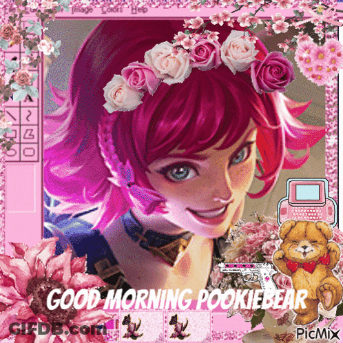 A Picture Of A Girl With Flowers On Her Head And The Words Good Morning Pookiebear GIF