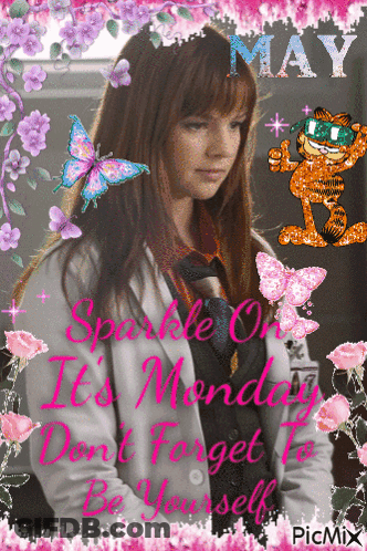 A Picture Of A Girl With Garfield And The Words Sparkle On It 'S Monday Don T Forget To Be Yourself GIF