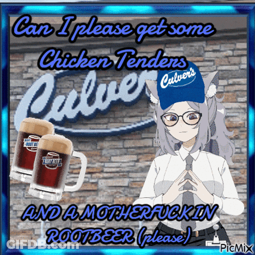 A Picture Of A Girl With Glasses And A Blue Calvers Hat GIF