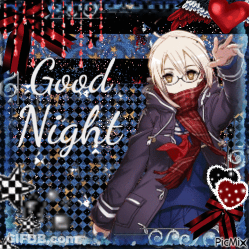 A Picture Of A Girl With Glasses And A Scarf That Says " Good Night " GIF