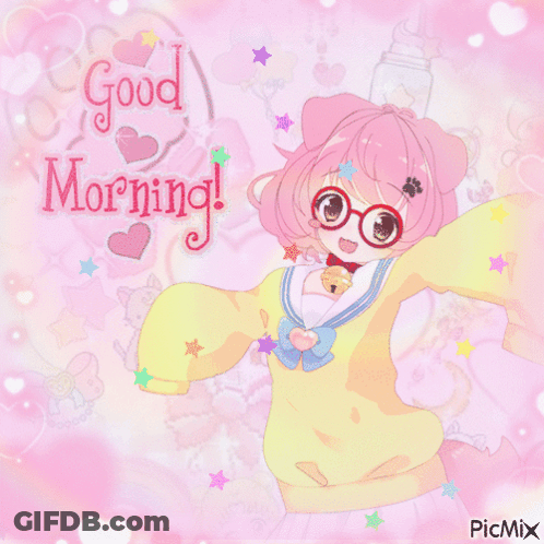 A Picture Of A Girl With Glasses And The Words " Good Morning " GIF
