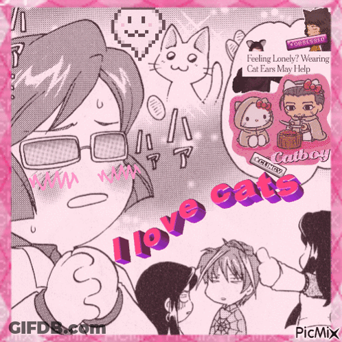 A Picture Of A Girl With Glasses And The Words I Love Cats On The Bottom GIF