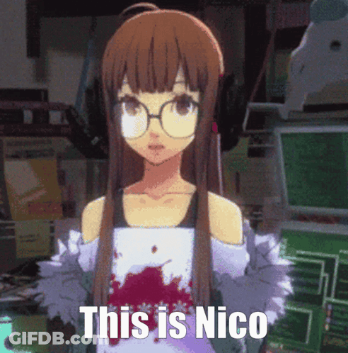 A Picture Of A Girl With Glasses And The Words " This Is Nico " GIF