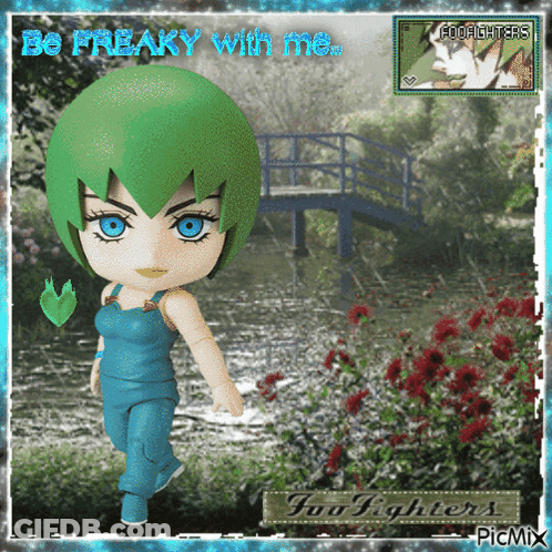 A Picture Of A Girl With Green Hair And Blue Eyes With The Words Be Freaky With Me GIF