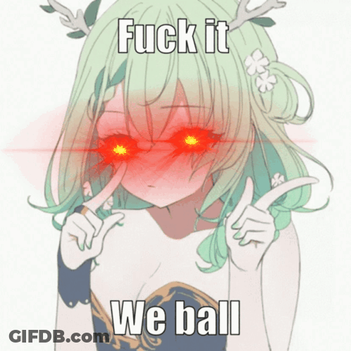 A Picture Of A Girl With Green Hair And Red Eyes That Says Fuck It We Ball GIF