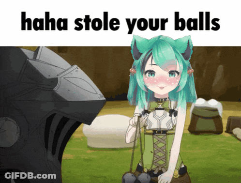 A Picture Of A Girl With Green Hair And The Words " Haha Stole Your Balls " Below Her GIF