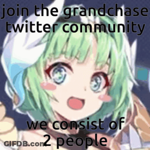 A Picture Of A Girl With Green Hair And The Words Join The Grandchase Twitter Community GIF