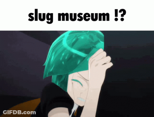 A Picture Of A Girl With Green Hair And The Words " Slug Museum " GIF
