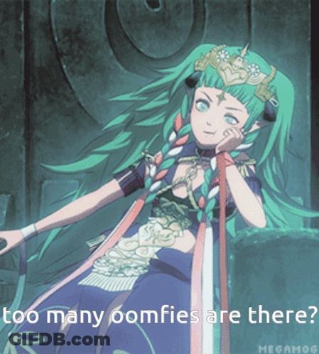 A Picture Of A Girl With Green Hair And The Words " Too Many Comfies Are There " GIF