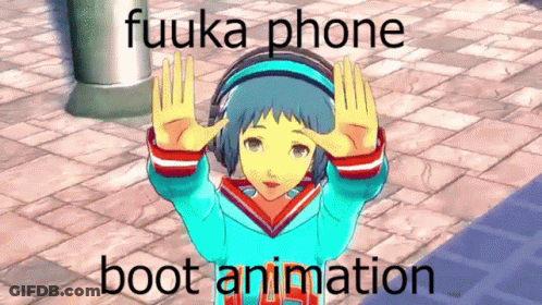 A Picture Of A Girl With Headphones And The Words " Fuuka Phone Boot Animation " On The Bottom GIF