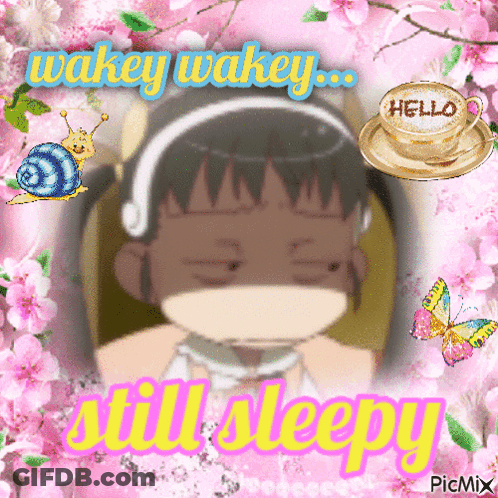 A Picture Of A Girl With Headphones And The Words Wakey Wakey And Still Sleepy GIF