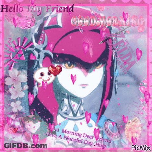 A Picture Of A Girl With Hearts And The Words Hello My Friend GIF