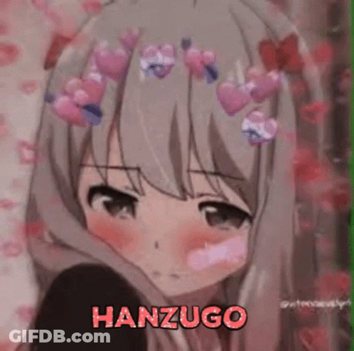 A Picture Of A Girl With Hearts On Her Hair And The Name Hanzugo Written On It . GIF