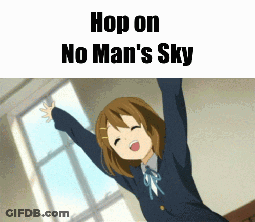 A Picture Of A Girl With Her Arms In The Air And The Words Hop On No Man 'S Sky GIF