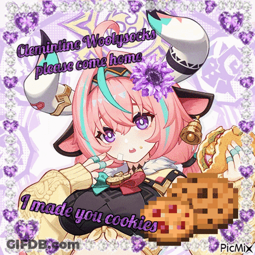 A Picture Of A Girl With Horns And The Words " I Made You Cookies " On The Bottom GIF