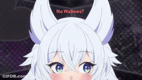 A Picture Of A Girl With Horns And The Words " No Wallows " GIF