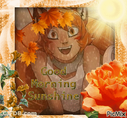 A Picture Of A Girl With Leaves On Her Head And The Words Good Morning Sunshine On The Bottom GIF