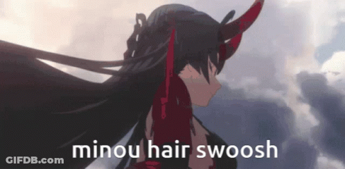 A Picture Of A Girl With Long Black Hair And Horns With The Words Minou Hair Swoosh Below Her . GIF