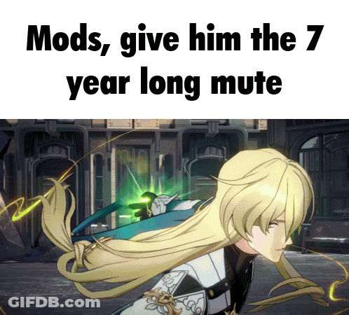 A Picture Of A Girl With Long Blonde Hair And A Caption That Says Mods Give Him The 7 Year Long Mute GIF