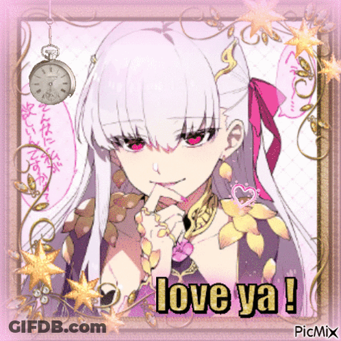 A Picture Of A Girl With Long White Hair And Red Eyes Says Love Ya GIF