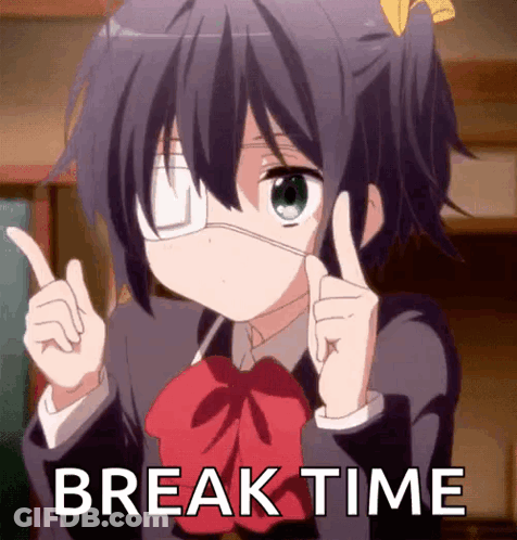 A Picture Of A Girl With One Eye Pointing Up With The Words Break Time Behind Her GIF