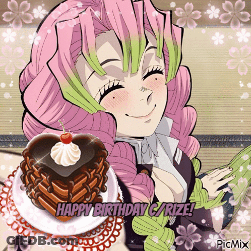 A Picture Of A Girl With Pink Hair And A Cake That Says Happy Birthday G/rize GIF