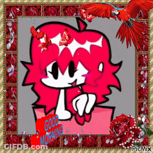 A Picture Of A Girl With Pink Hair And A Good Morning Sign GIF