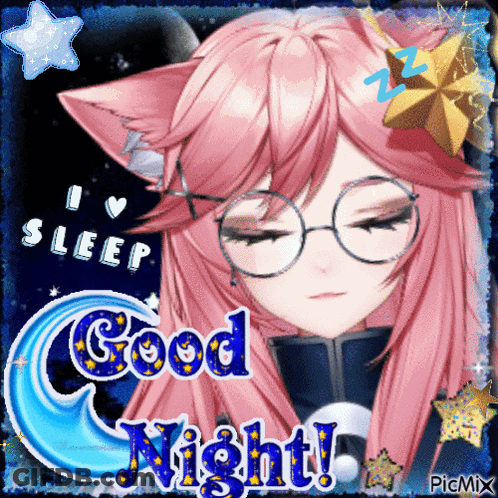 A Picture Of A Girl With Pink Hair And Glasses Says Good Night GIF